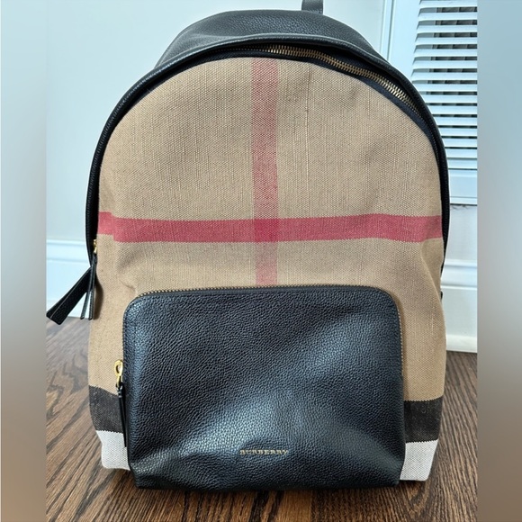 abbeydale black house check canvas and leather backpack Burberry &  archangelauthentics painted edges Burberry Abbeydale Leather Logo Backpack